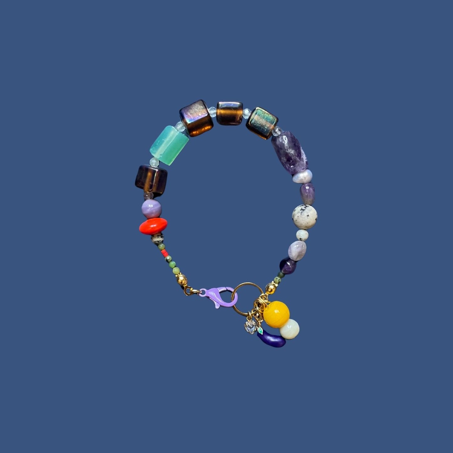 Baba Ghanoush | Eggplant Detailed Glass and Amethyst Gemstone Bracelet