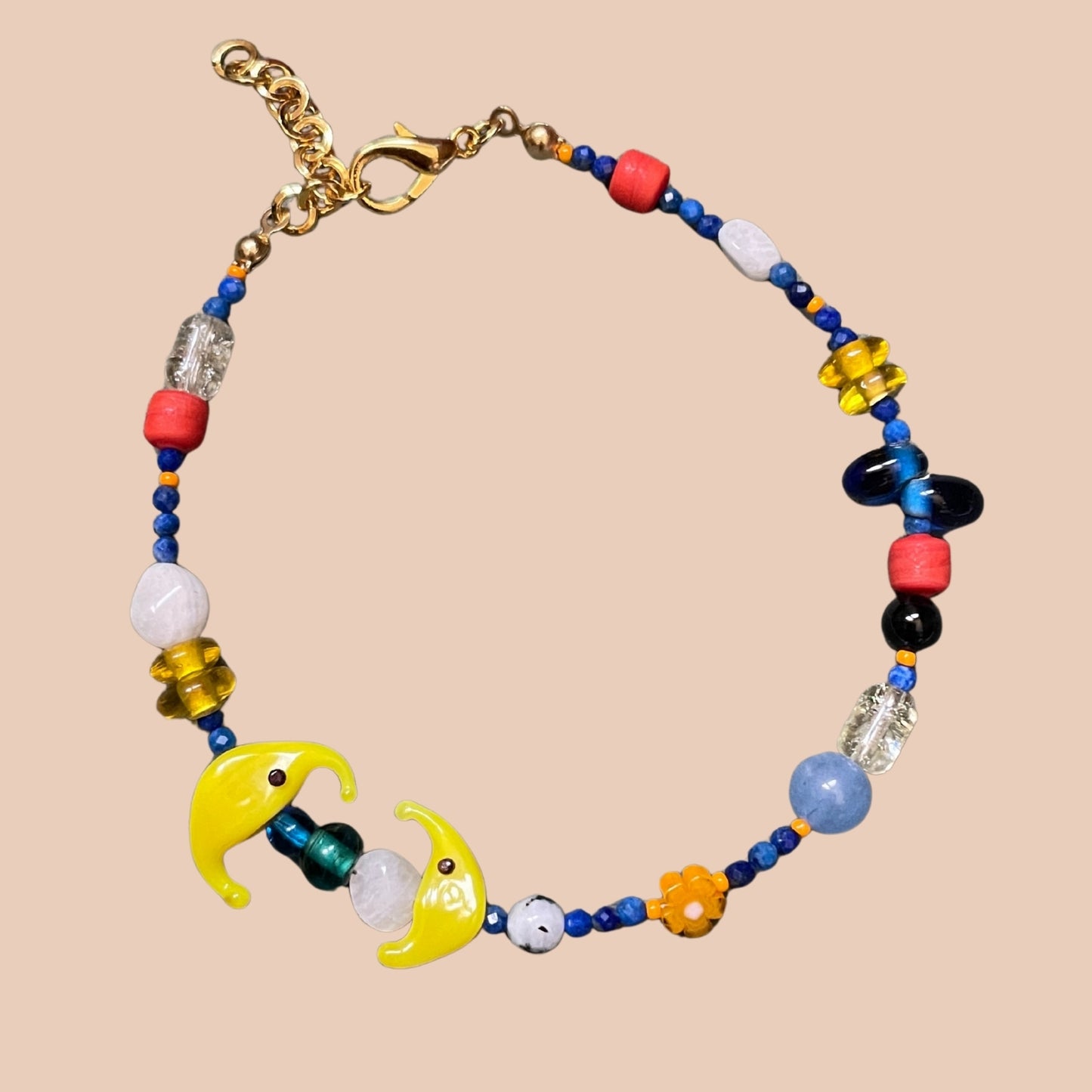 Celene | Glass and Gemstone Beaded Moon Figure Lapis Lazuli Anklet