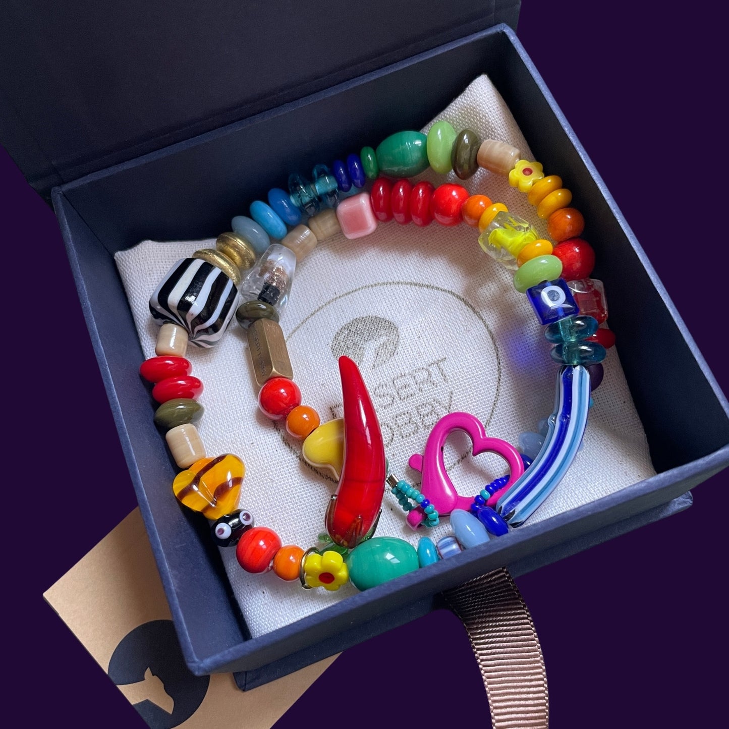 Bengi | Mixed Color Glass Necklace with Bee and Chili Pepper Figures