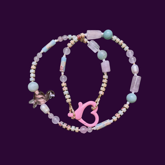 Flamingo | Glass Beaded Gemstone Necklace with Pearls and Flamingo Figure