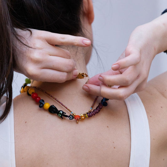 Paspas | Playful Glass Necklace with Black Cat Figurine