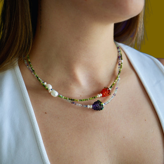 Jam | Raspberry or Blackberry Fruit Charm Pearl Gemstone Necklace
