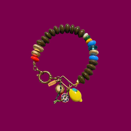 Bitter Lemon | Murano Lemon Figured Glass and Brass Beaded Bracelet
