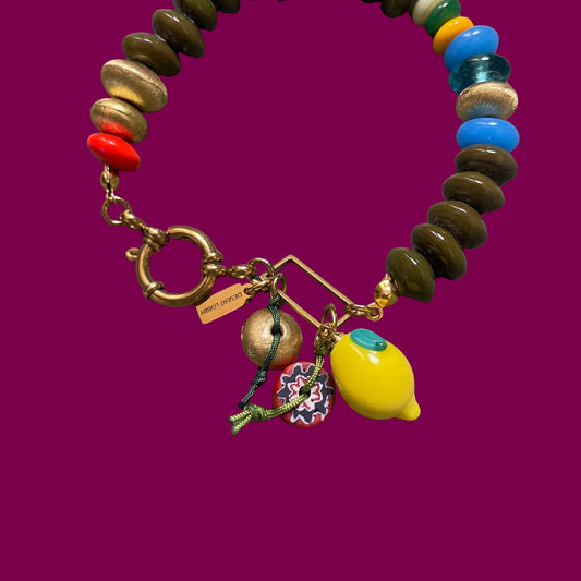 Bitter Lemon | Murano Lemon Figured Glass and Brass Beaded Bracelet