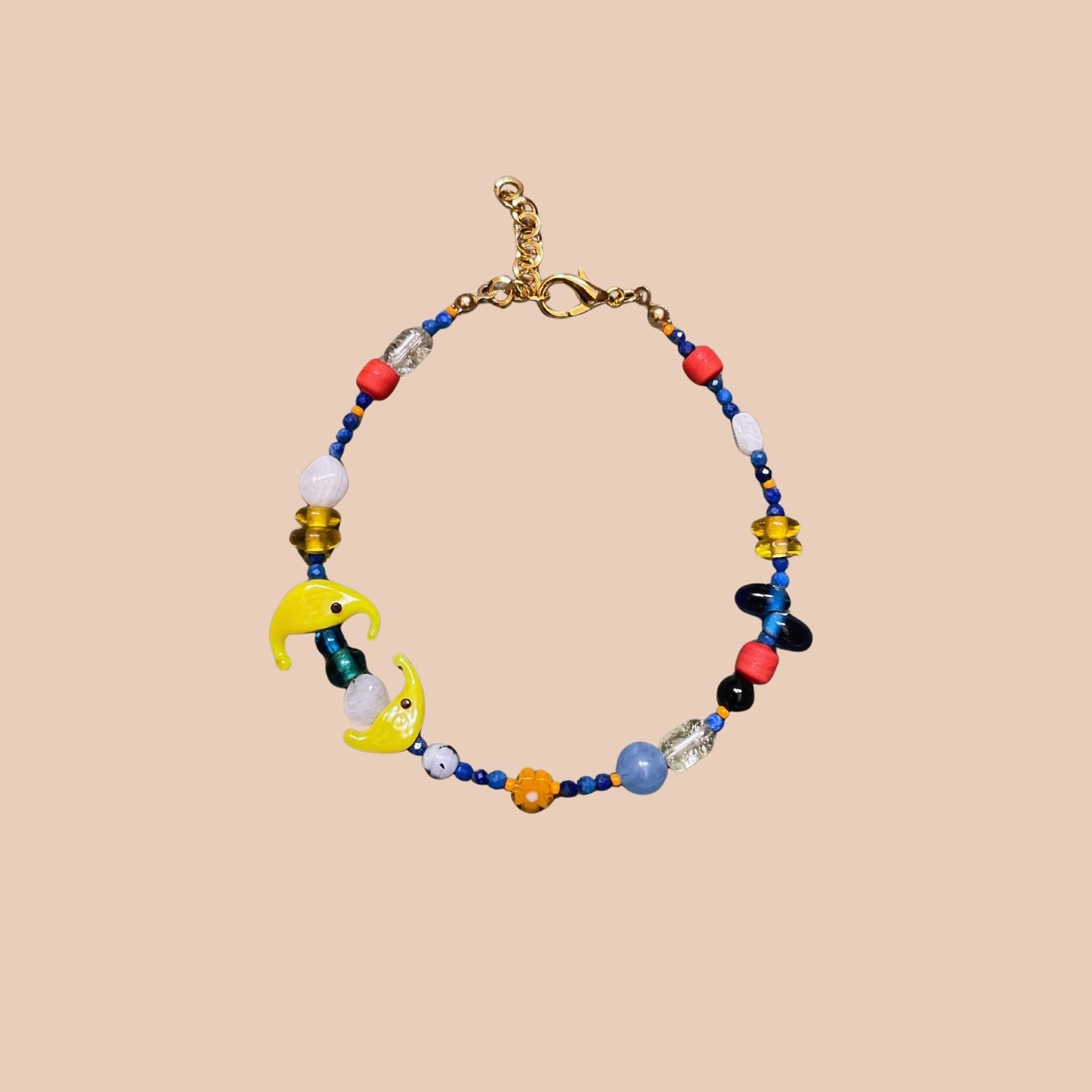 Celene | Cam ve Doğaltaş Boncuklu Ay Figürlü Lapis Lazuli Halhal