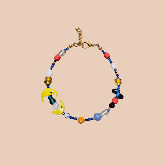 Celene | Cam ve Doğaltaş Boncuklu Ay Figürlü Lapis Lazuli Halhal