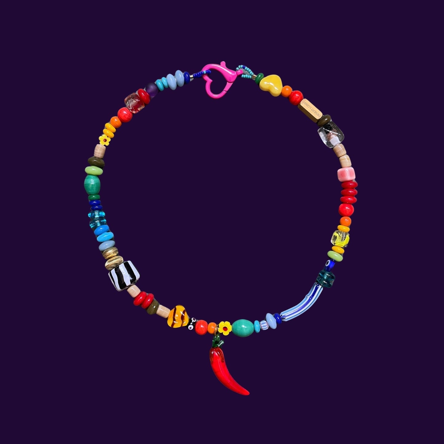 Bengi | Mixed Color Glass Necklace with Bee and Chili Pepper Figures