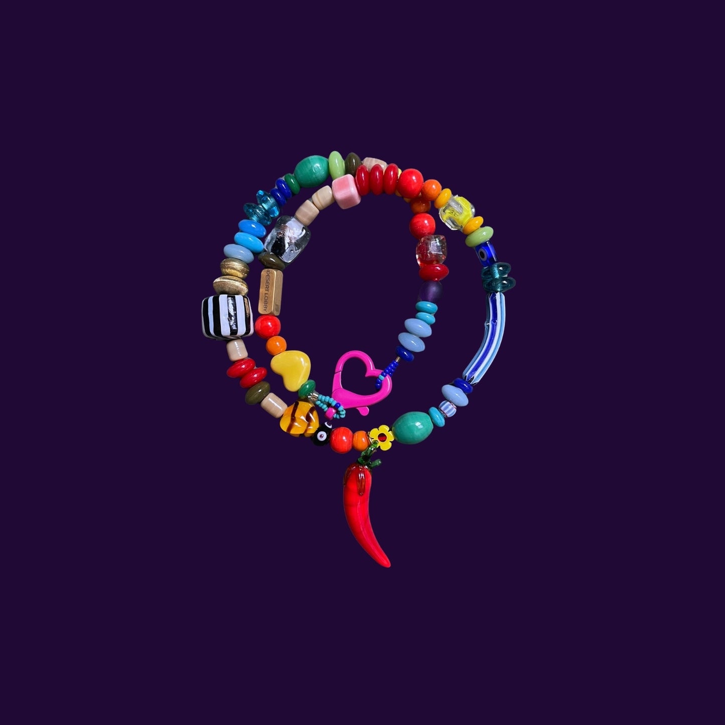 Bengi | Mixed Color Glass Necklace with Bee and Chili Pepper Figures