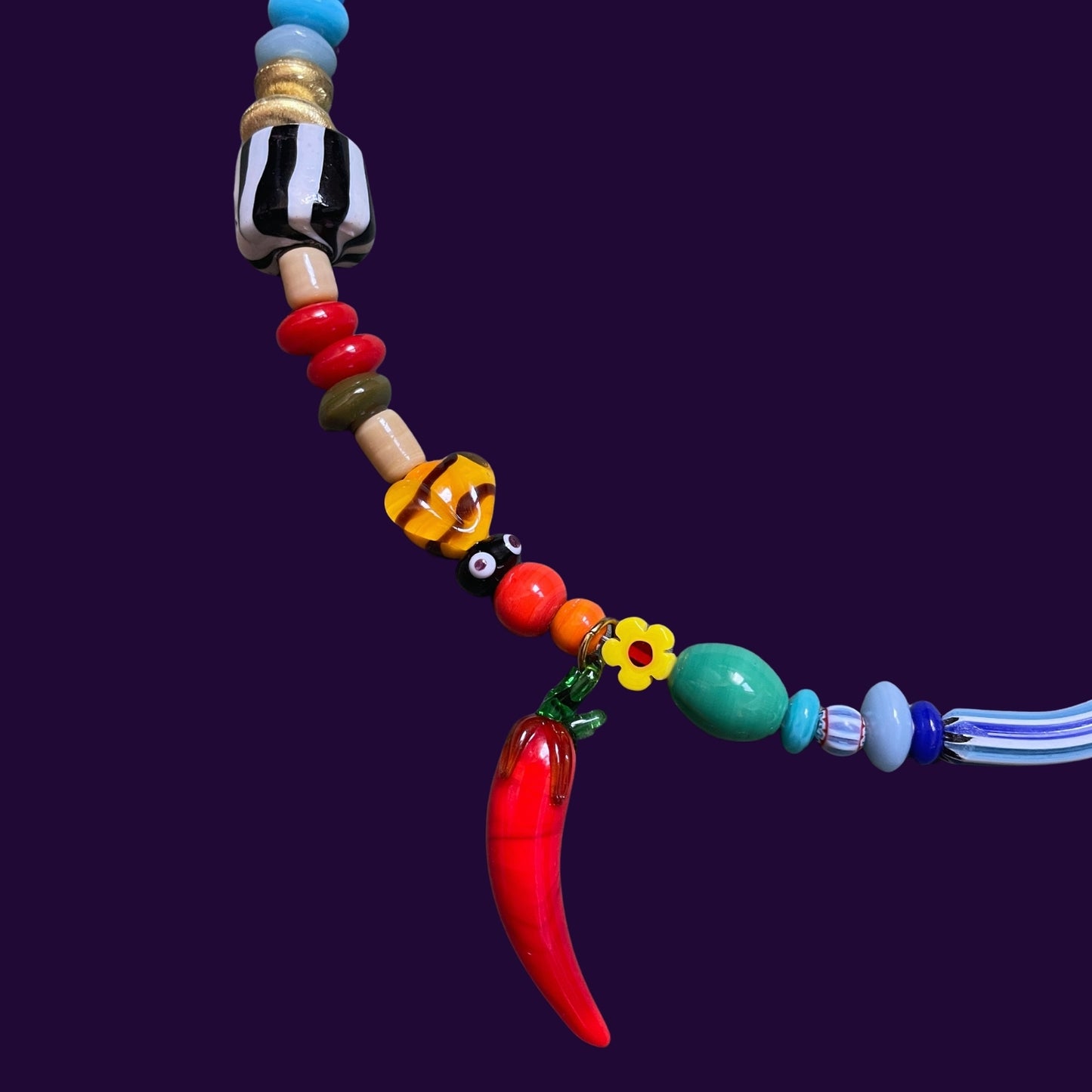 Bengi | Mixed Color Glass Necklace with Bee and Chili Pepper Figures