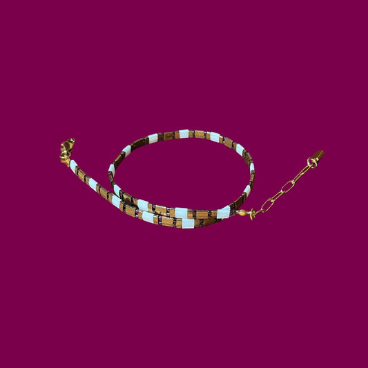 Crown | Krem ve Bronz Detaylı Miyuki Tila Boncuklu Choker Kolye