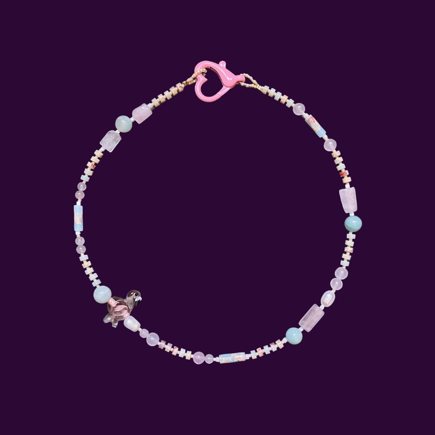 Flamingo | İncili Doğaltaşlı Cam Boncuklu Flamingo Figürlü Kolye