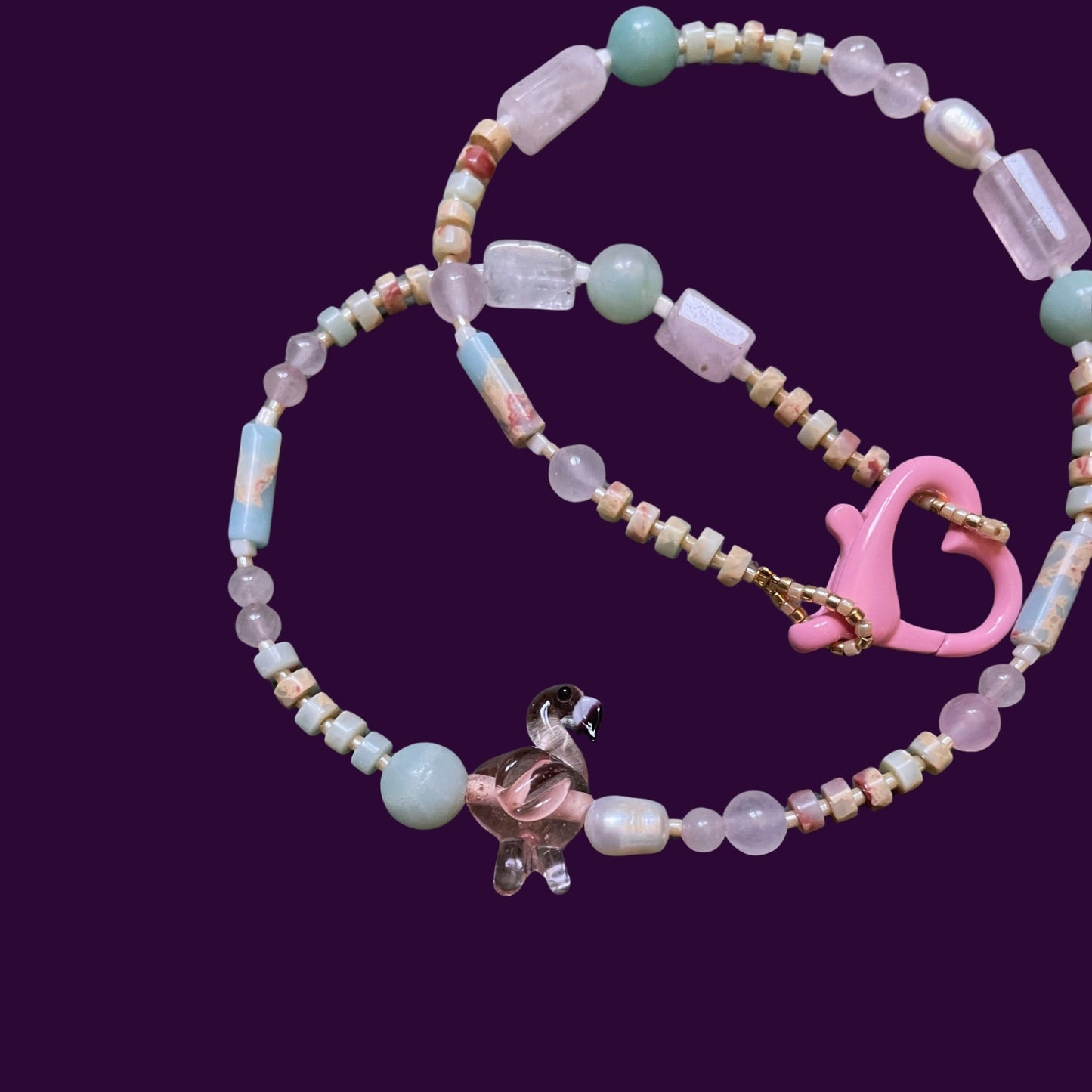 Flamingo | İncili Doğaltaşlı Cam Boncuklu Flamingo Figürlü Kolye