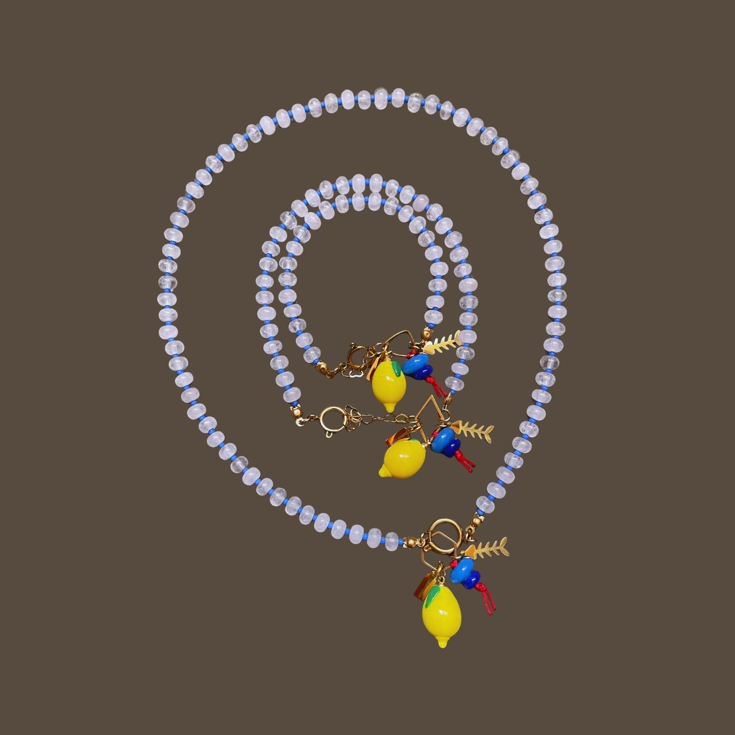 Fishbone | Quartz Anklet with Steel Fishbone and Murano Glass Lemon Charm