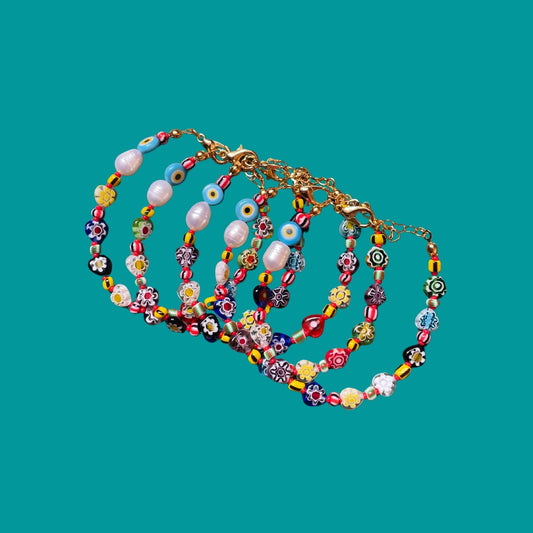 Lil Habibi | Evil Eye Bead and Pearl Detailed Heart Glass Flower Bracelet