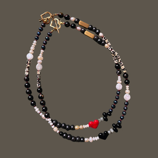 Lovestruck (Close Range) | Eros'un Oku Klipsli İnci ve Turmalin Kalpli Doğaltaş Kolye