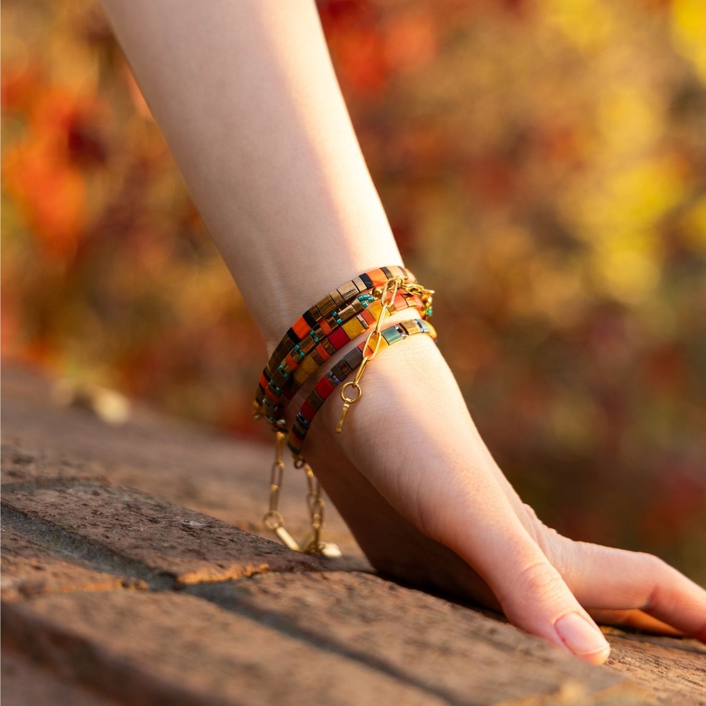 Ancient Glam | Bronze and Orange Detailed Miyuki Tila Beaded Bracelet