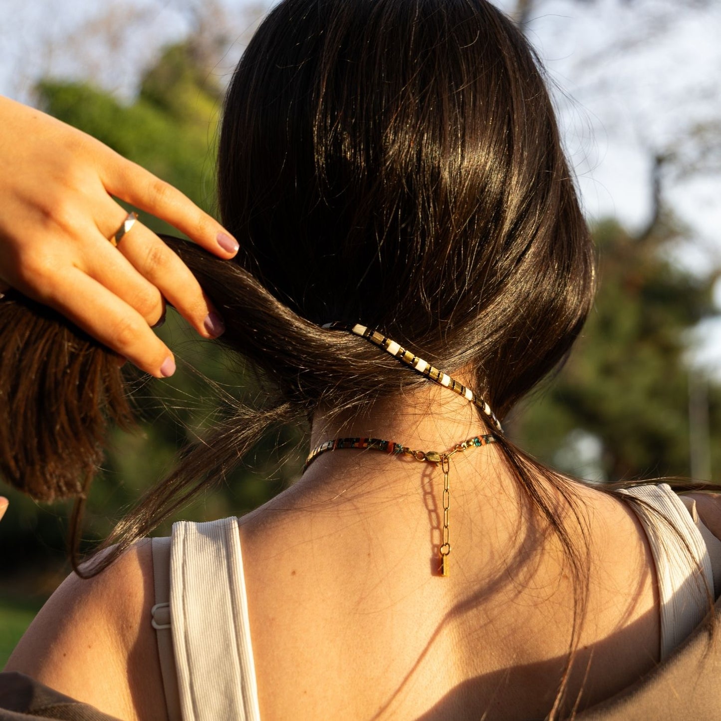 Ancient Glam | Bronze and Orange Detailed Miyuki Tila Beaded Choker Necklace