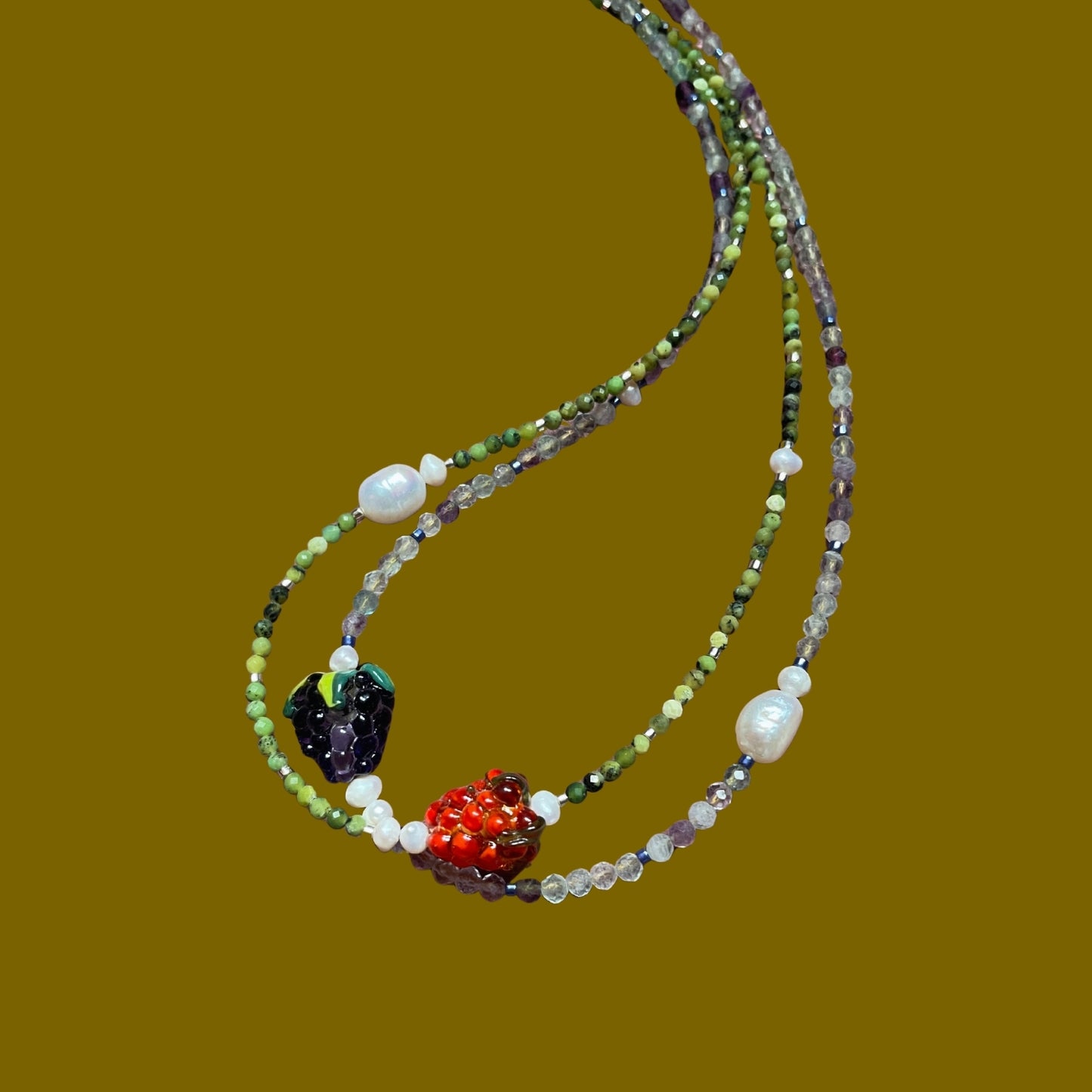 Reçel | Ahududu veya Böğürtlen Meyve Figürlü İncili Doğaltaş Kolye