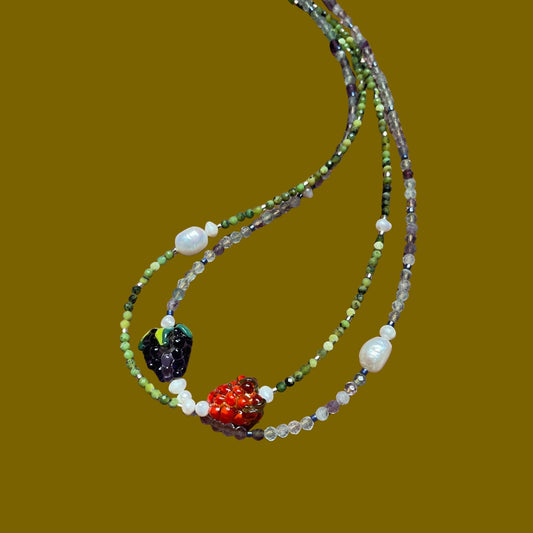 Reçel | Ahududu veya Böğürtlen Meyve Figürlü İncili Doğaltaş Kolye