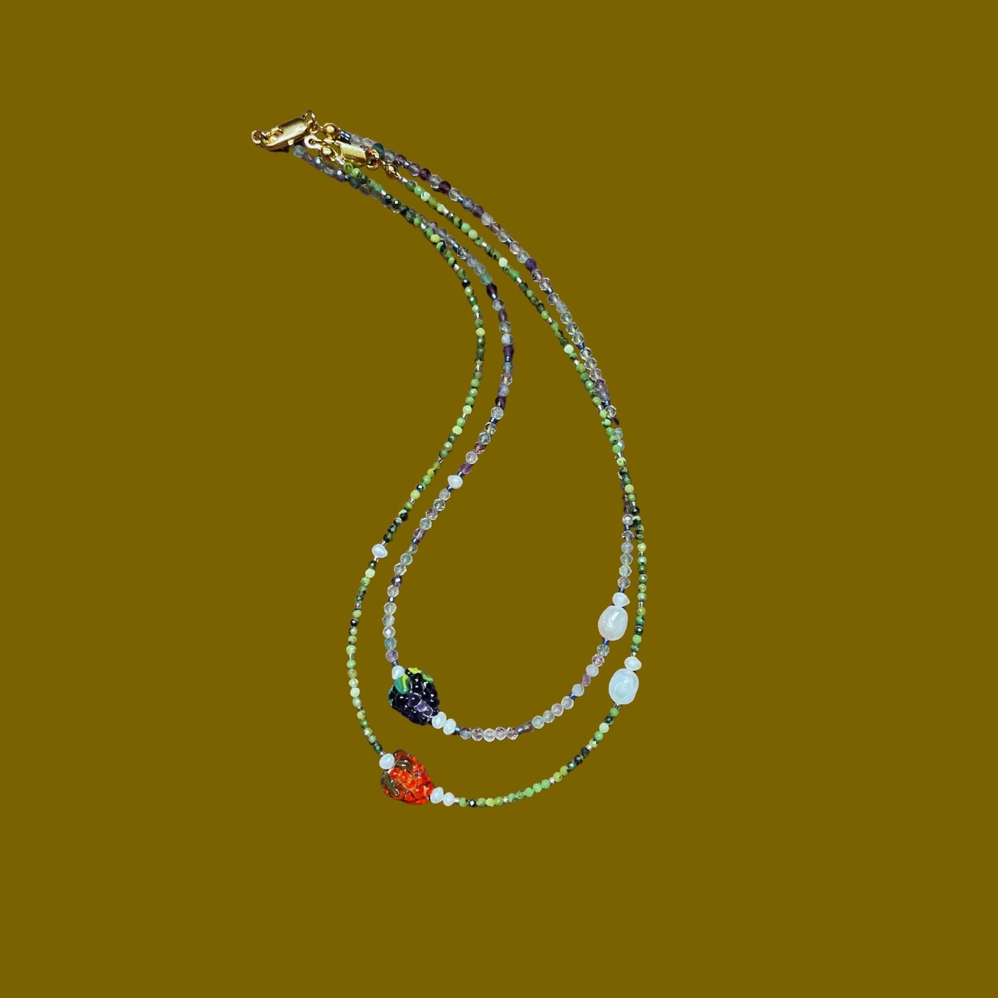 Reçel | Ahududu veya Böğürtlen Meyve Figürlü İncili Doğaltaş Kolye