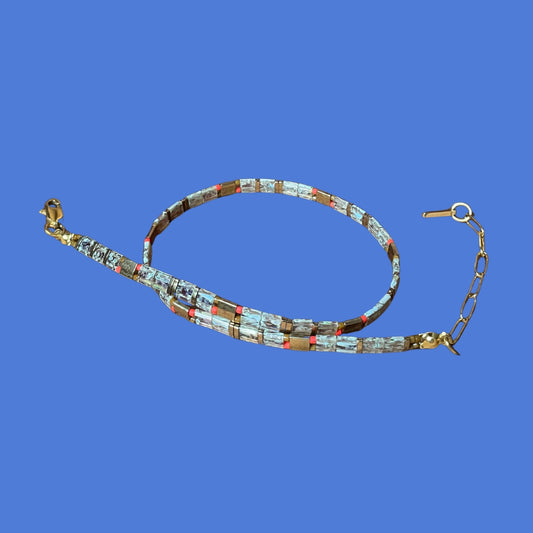 Turin | Beige Miyuki Tila Beaded Choker Necklace with Red and Bronze Details