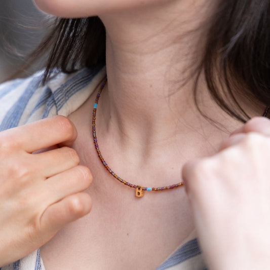 Yours Truly | Delicate Glass Bead Necklace with Stainless Steel Initial Charm